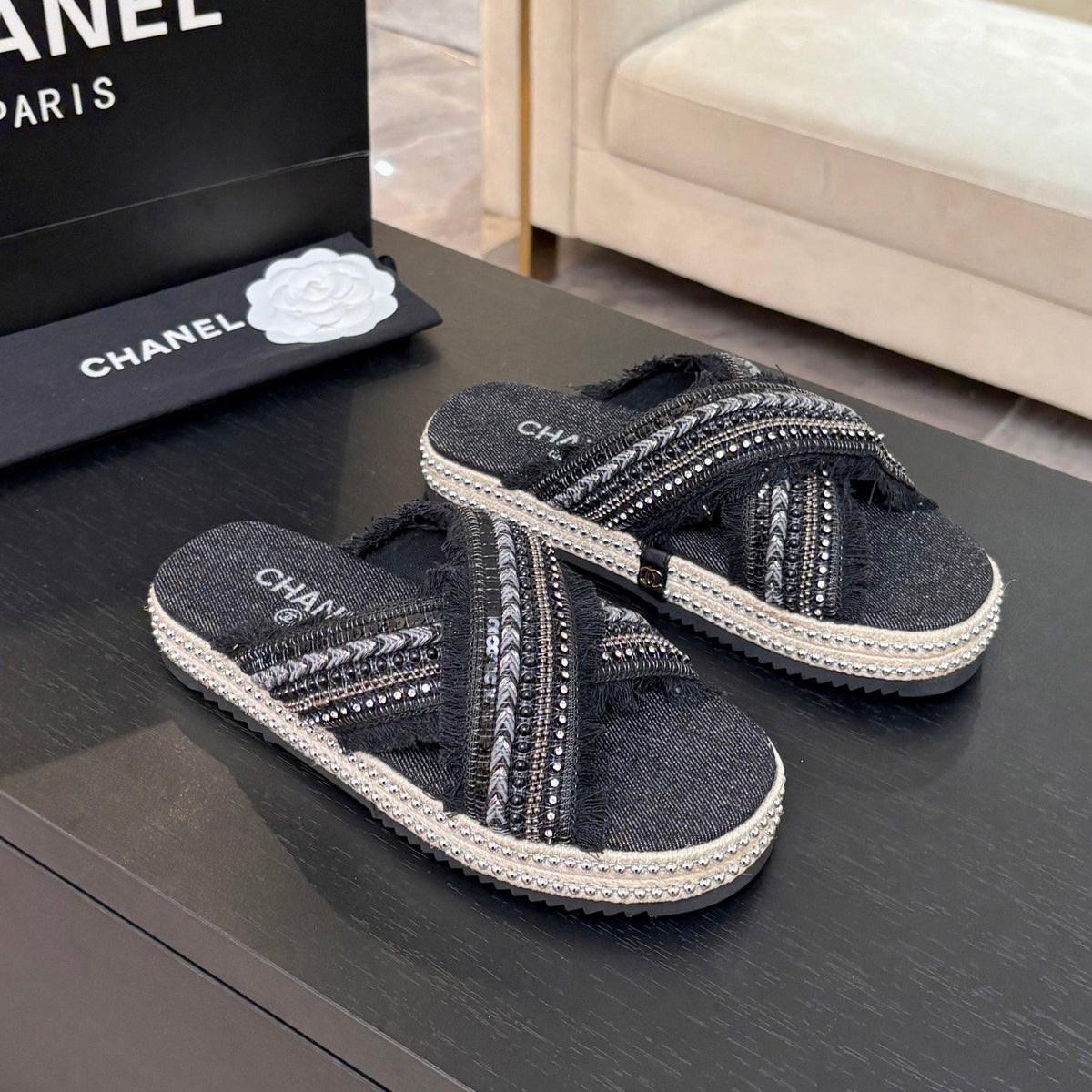 CC 25C Thick-Soled Slipper In Black Denim Space blue Fabric 213231