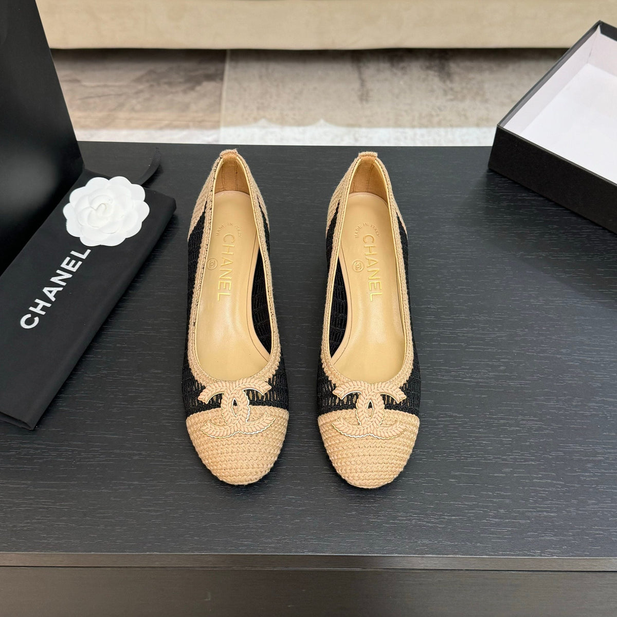 CC 25P Ballet Heel 50mm Black Beige Raffia Large Logo