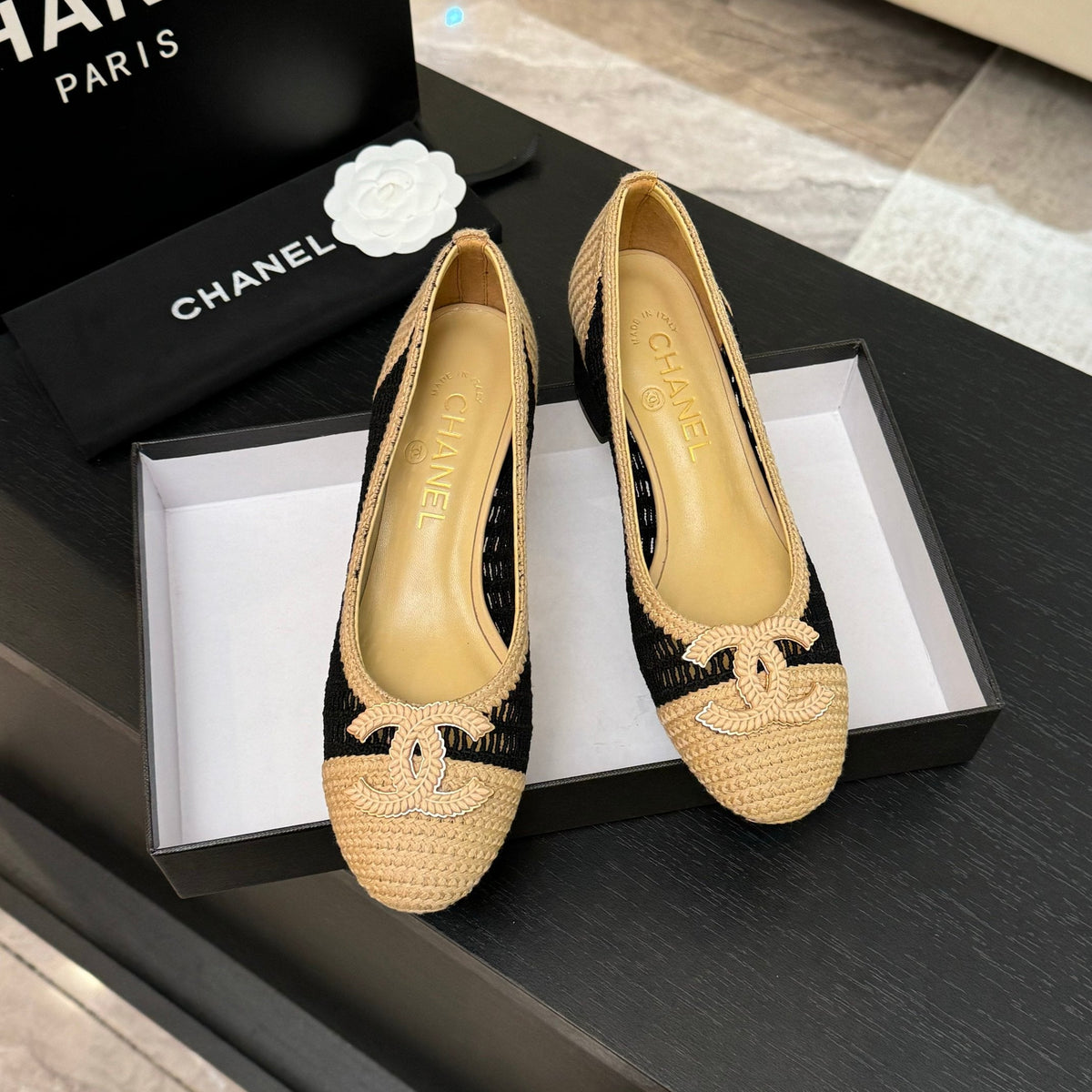 CC 25P Ballet Heel 50mm Black Beige Raffia Large Logo