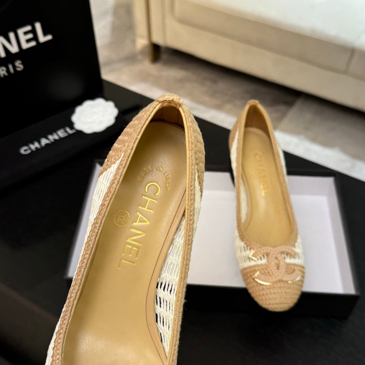 CC 25P Ballet Heel 50mm White Beige Raffia Large Logo