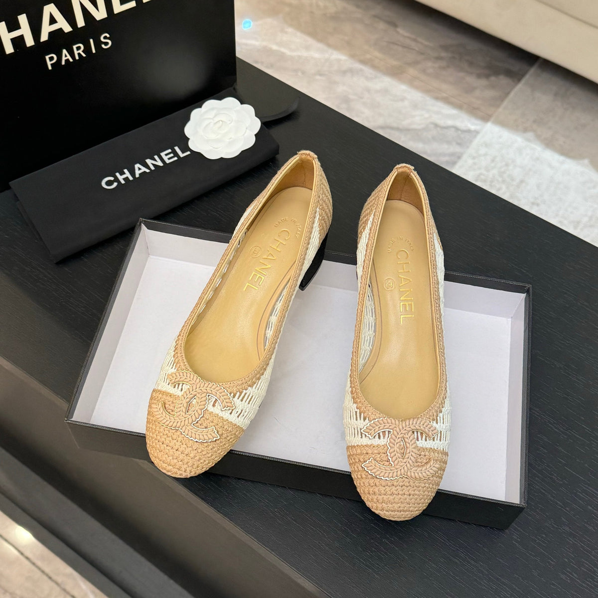 CC 25P Ballet Heel 50mm White Beige Raffia Large Logo