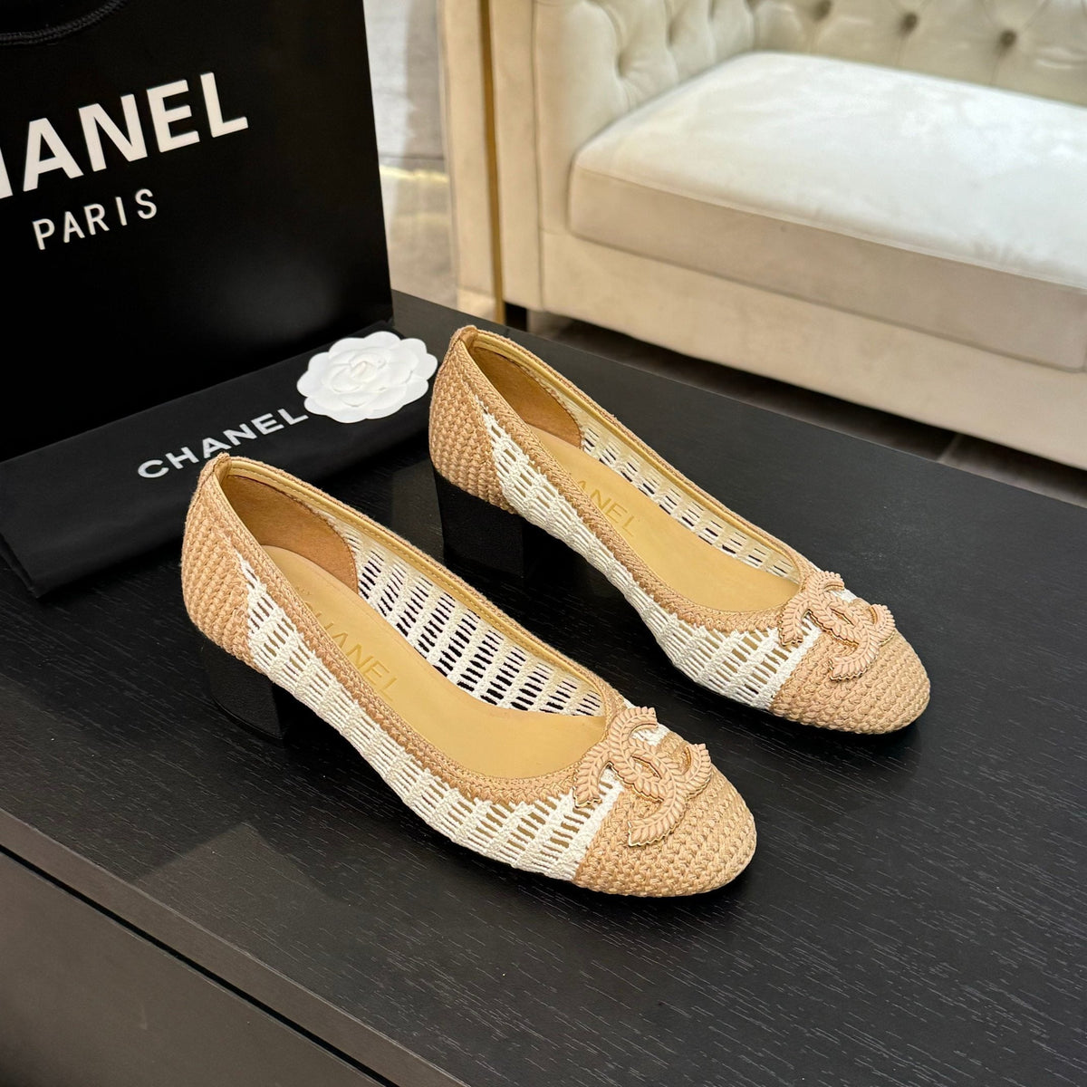 CC 25P Ballet Heel 50mm White Beige Raffia Large Logo