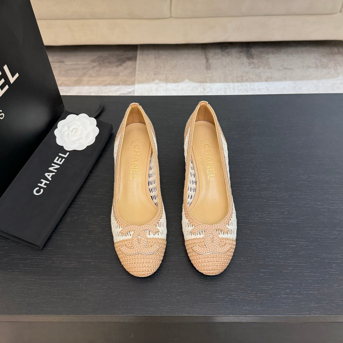 CC 25P Ballet Heel 50mm White Beige Raffia Large Logo
