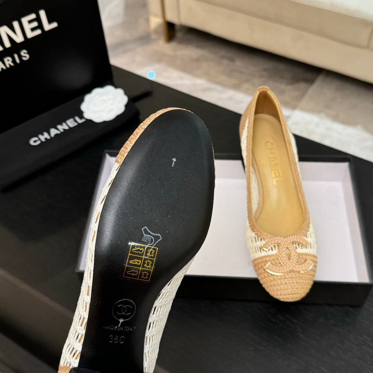 CC 25P Ballet Heel 50mm White Beige Raffia Large Logo