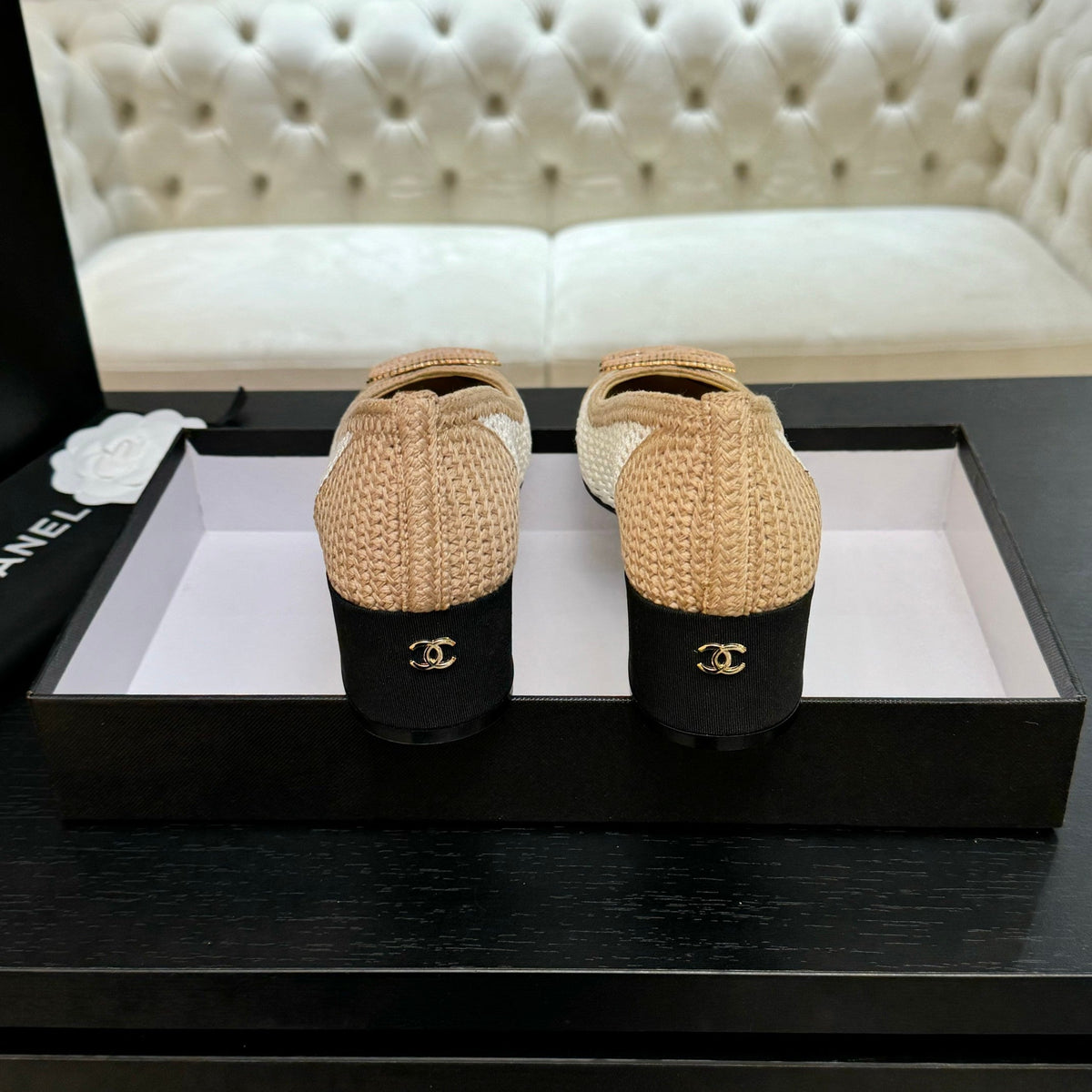 CC 25P Ballet Heel 50mm White Beige Raffia Large Logo