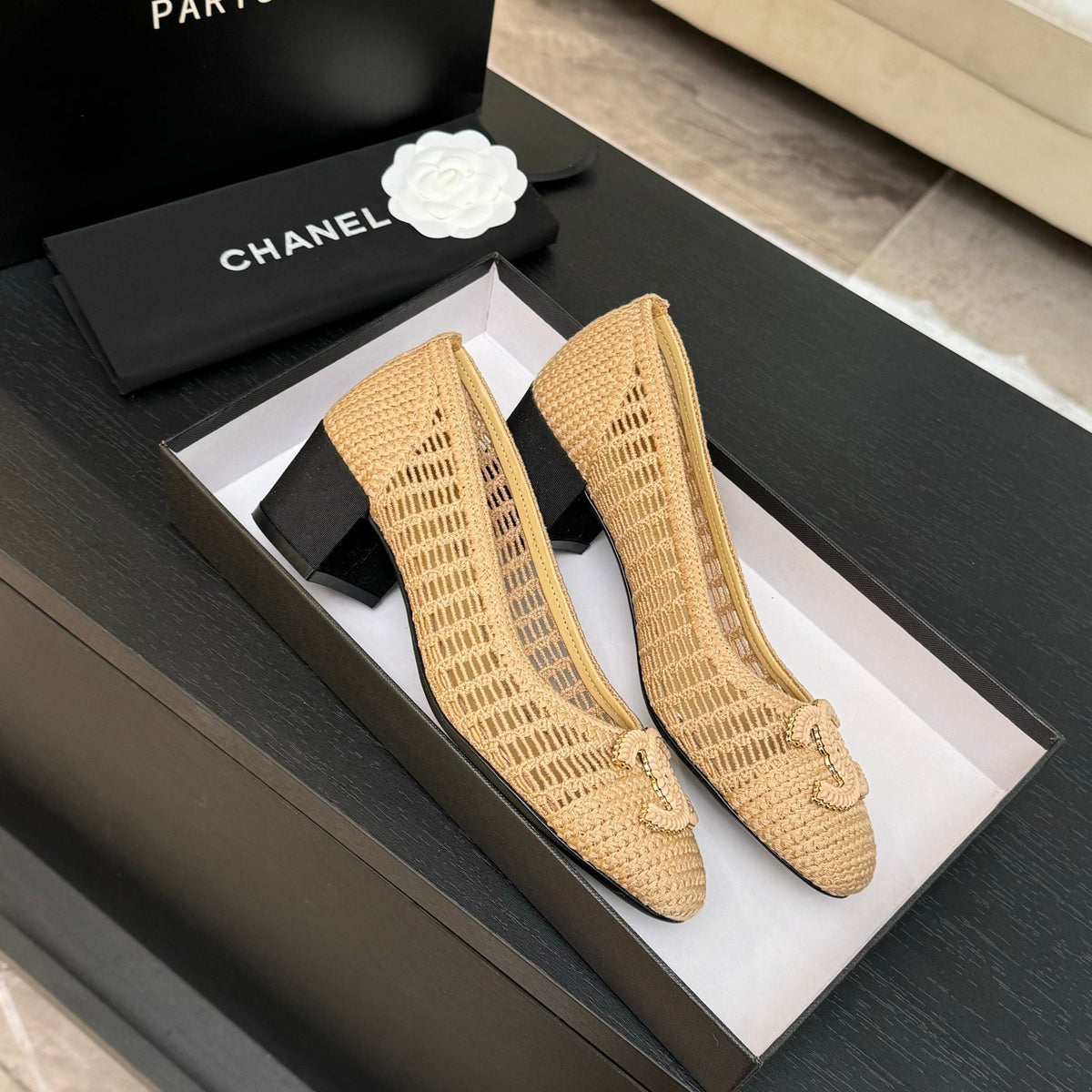 CC 25P Ballet Heel 50mm Beige Raffia Large Logo