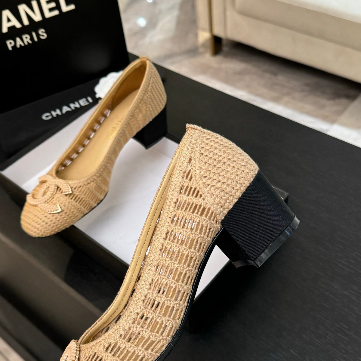 CC 25P Ballet Heel 50mm Beige Raffia Large Logo