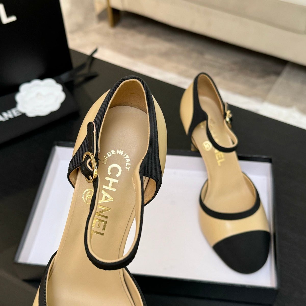 CC 25S Slingback 85mm Beige Calfskin Black Grosgrain