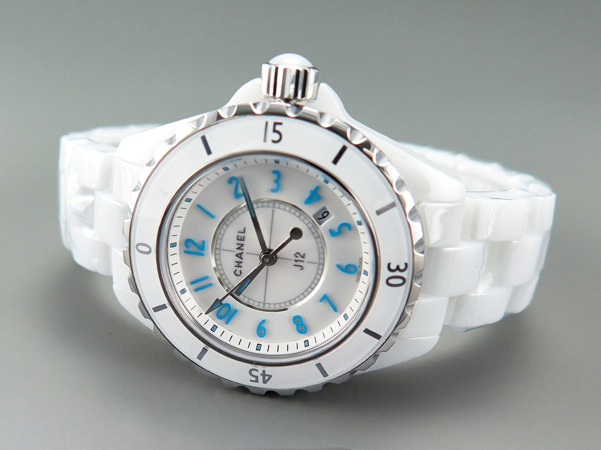 J12 Date Quartz White Ceramic Blue Numerals White Dial