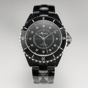 J12 Date Automatic Black Ceramic Diamond Numerals Black Dial Black Steel Hands
