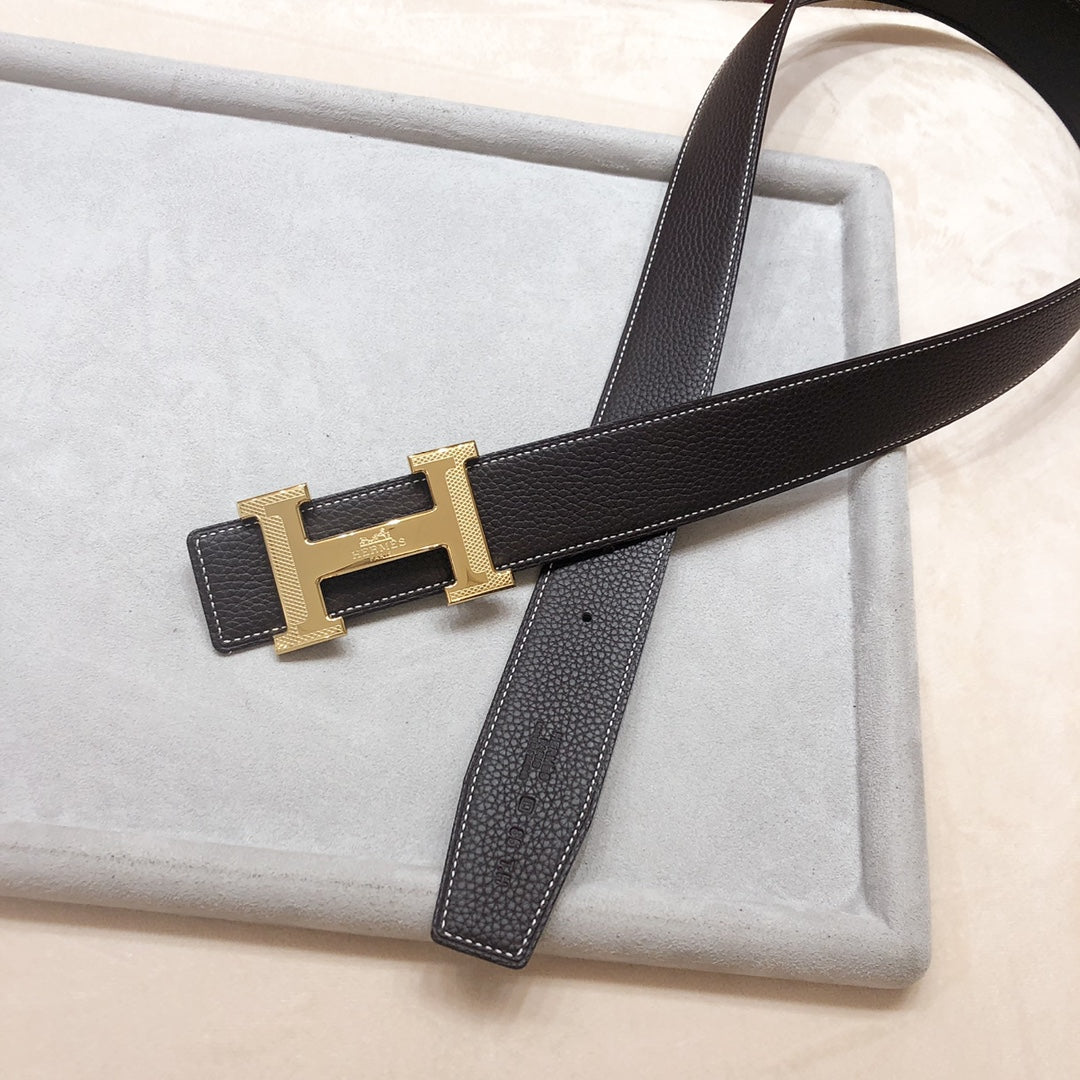 HM H D'ANCRE BELT BUCKLE & REVERSIBLE BLACK AND CHOCOLATE BROWN LEATHER STRAP 38 MM GOLD HARDWARE