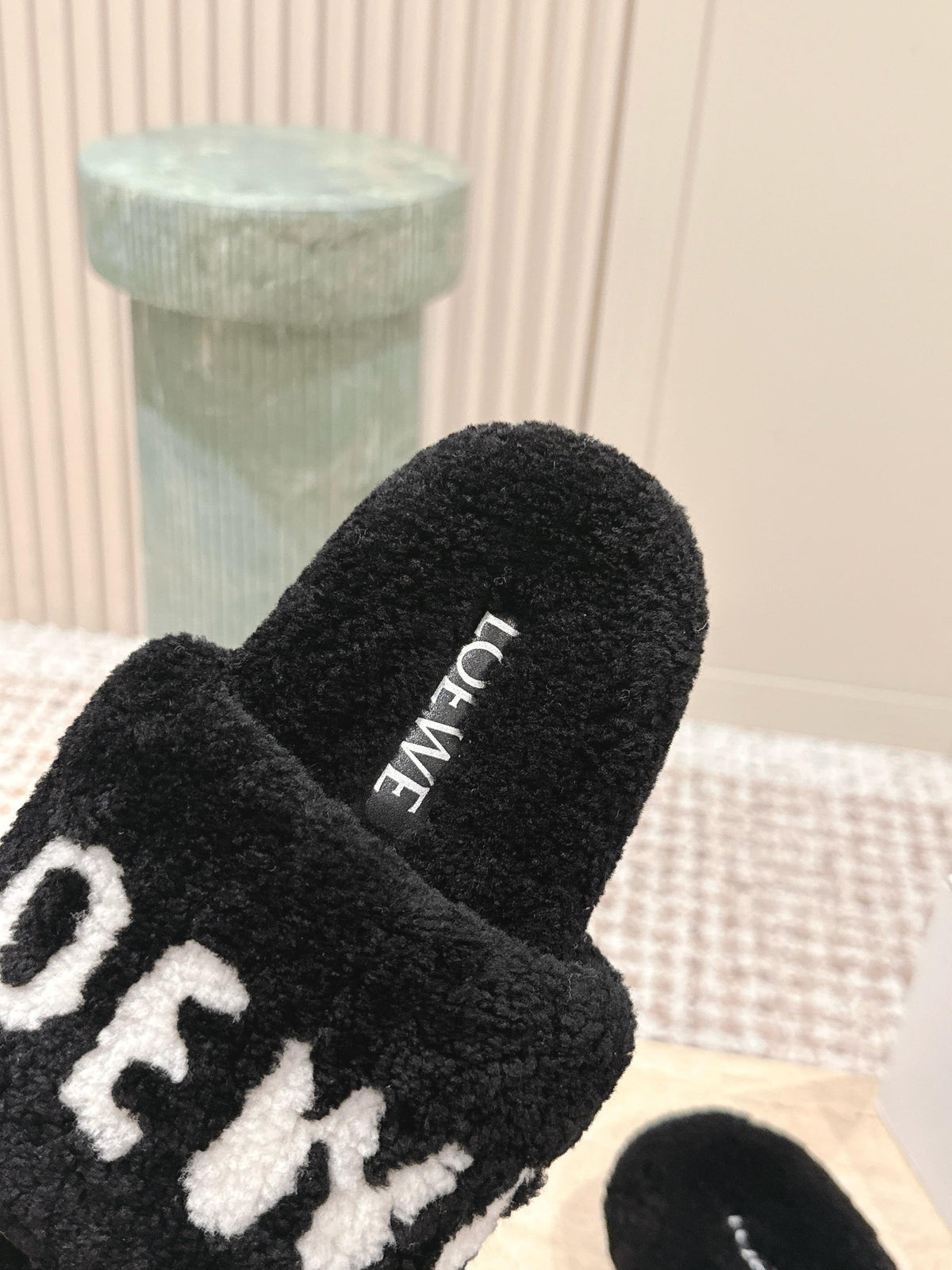 Loewe 2025 Fur Slipper Black White Wool 556016