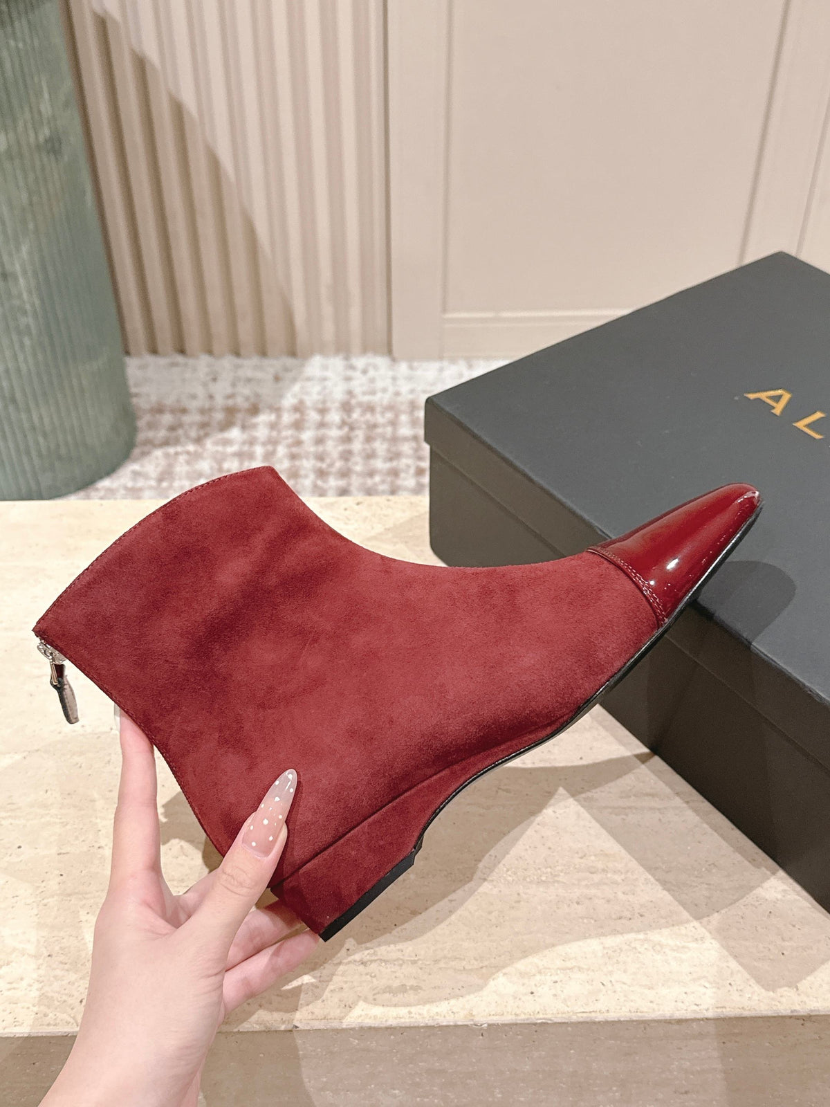 Alaia 2025 Ankle Boot With Patent Leather Cap Toe Red Suede 556088