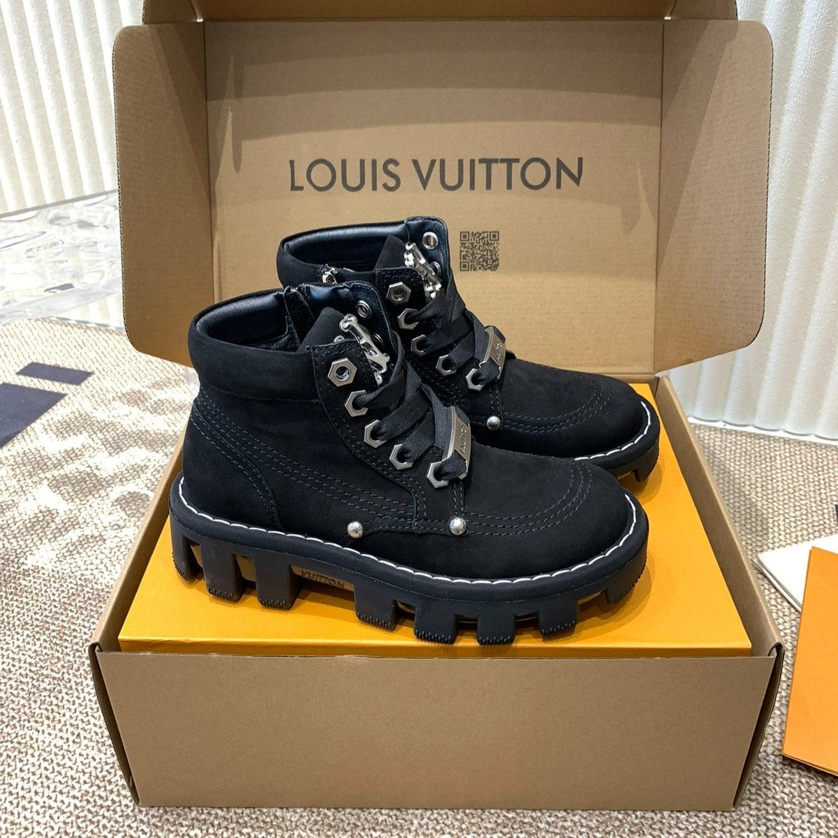 LV Checker Ankle Boots Black Nubuck Calfskin