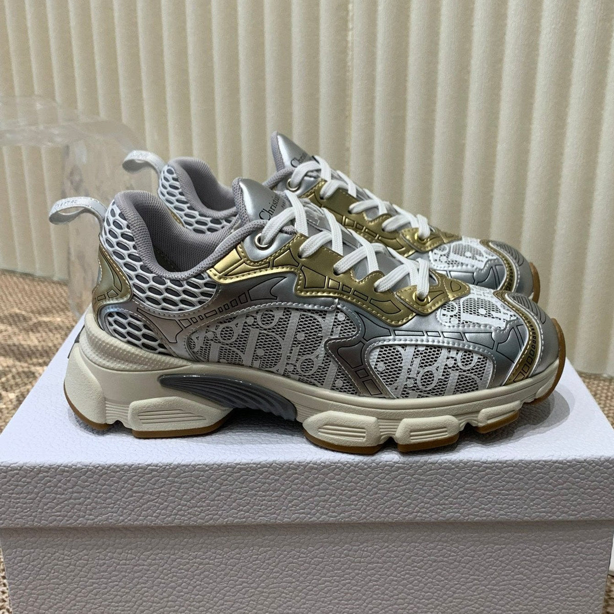 CD Vibe Sneaker In White Mix Dark Grey Gold Polyester Mesh Fabric And Cowhide 113418