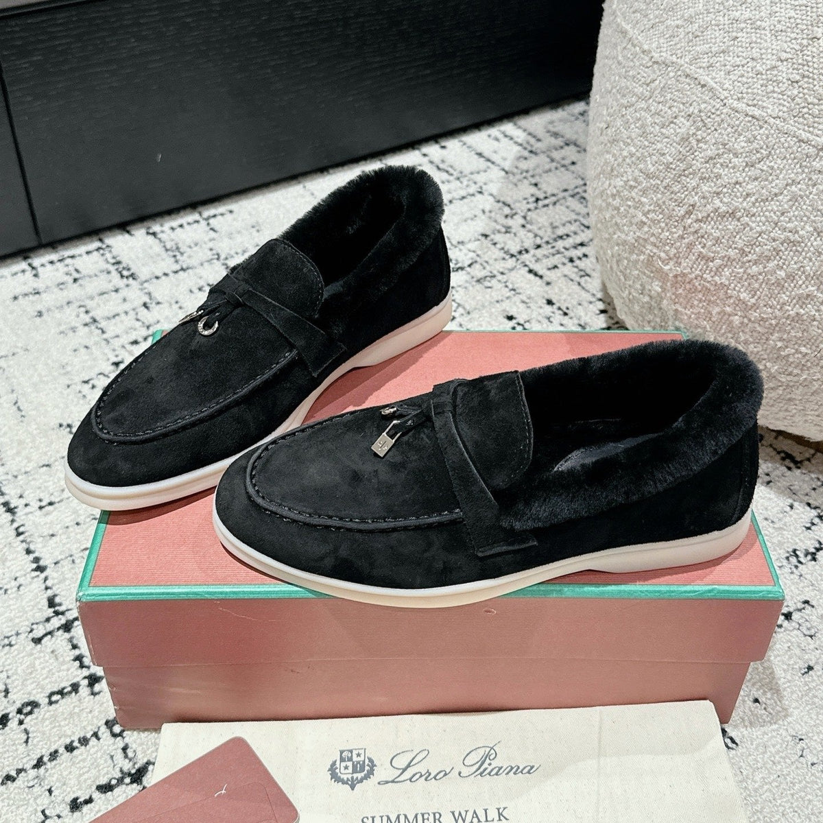 LP Summer Charms Walk Loafers In Black Suede With Rabbit Fur Lining 985641