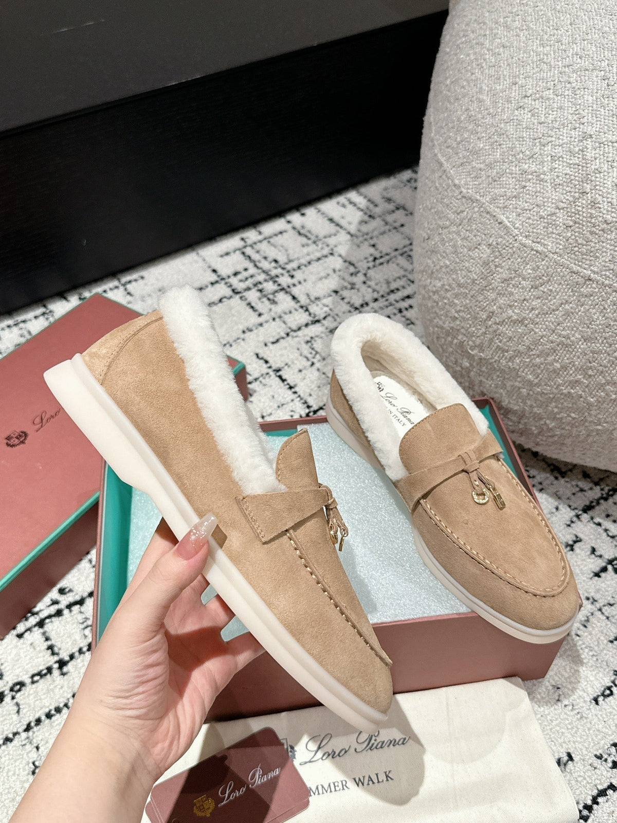 LP Summer Charms Walk Loafers In Dark Beige Mix White Suede With Rabbit Fur Lining 985652