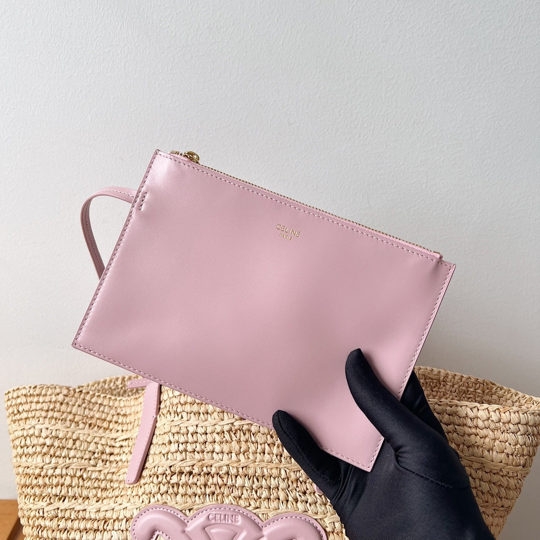 Celine Teen Supple Classic Panier 22cm Pink Calfskin Beige Raffia