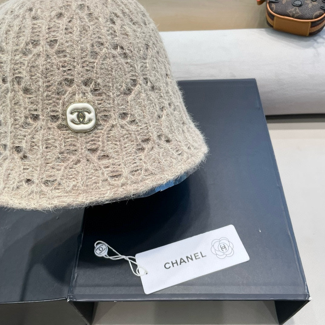 BUCKET HAT KHAKI BROWN KNITTED FABRIC WITH RABBIT FUR 428091