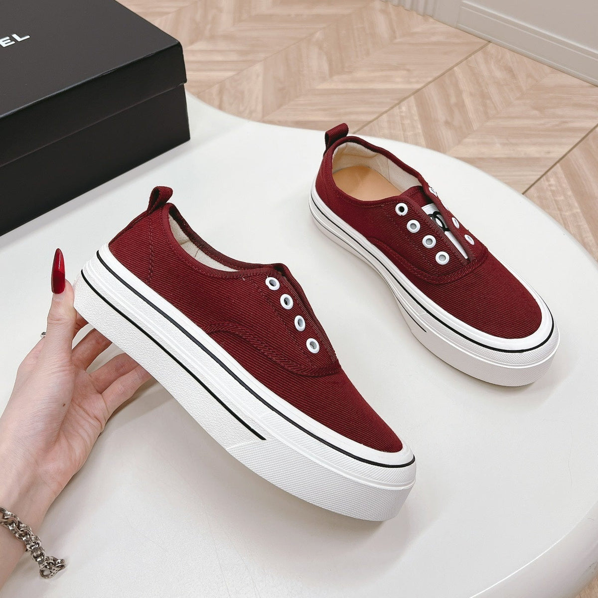 Double C Platform Biscuit Shoes Fabric Cherry Red