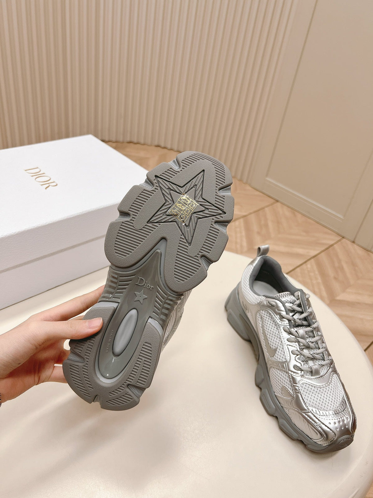 CD 26s Chrono Sneakers Metallic Silver Cowhide Mesh 643752