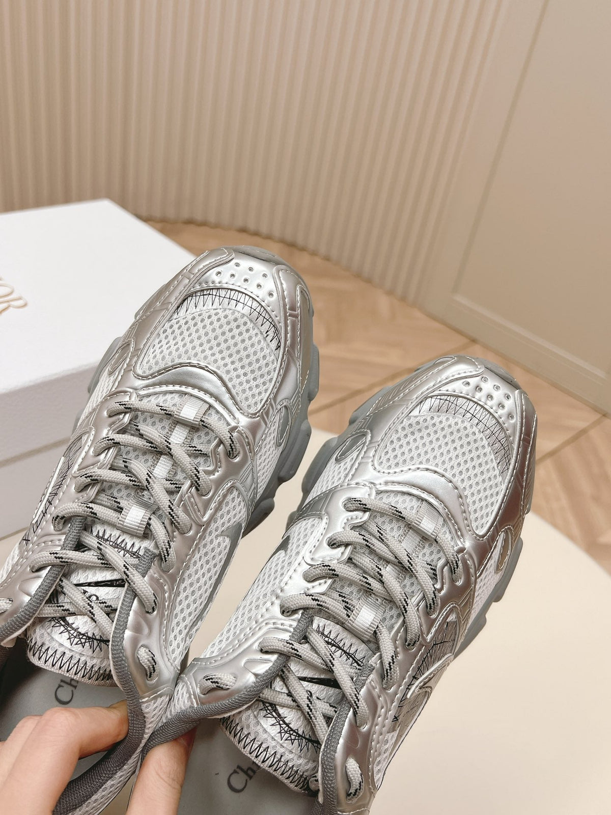 CD 26s Chrono Sneakers Metallic Silver Cowhide Mesh 643752