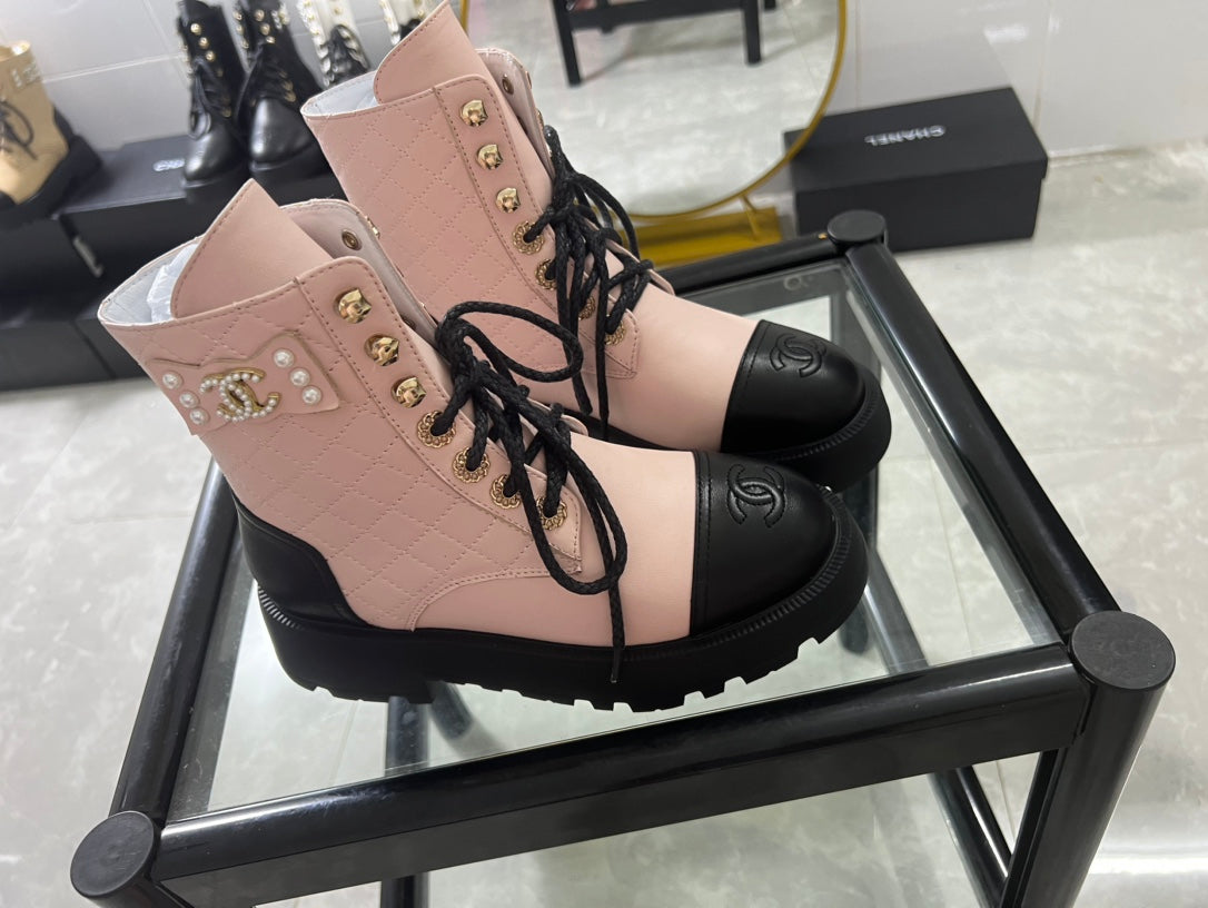 CC Combat Boots Pastel Pink Black Quilted Lambskin 944573