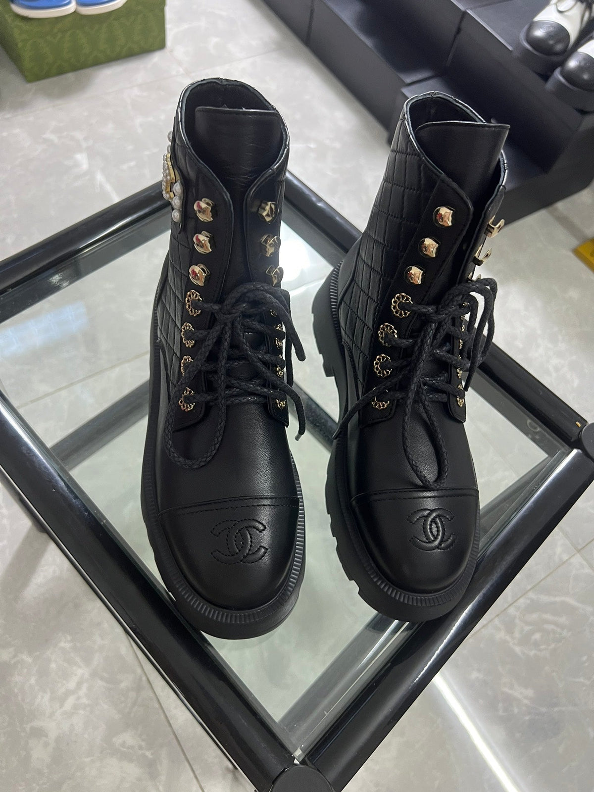 CC Combat Boots Black Quilted Lambskin 944572