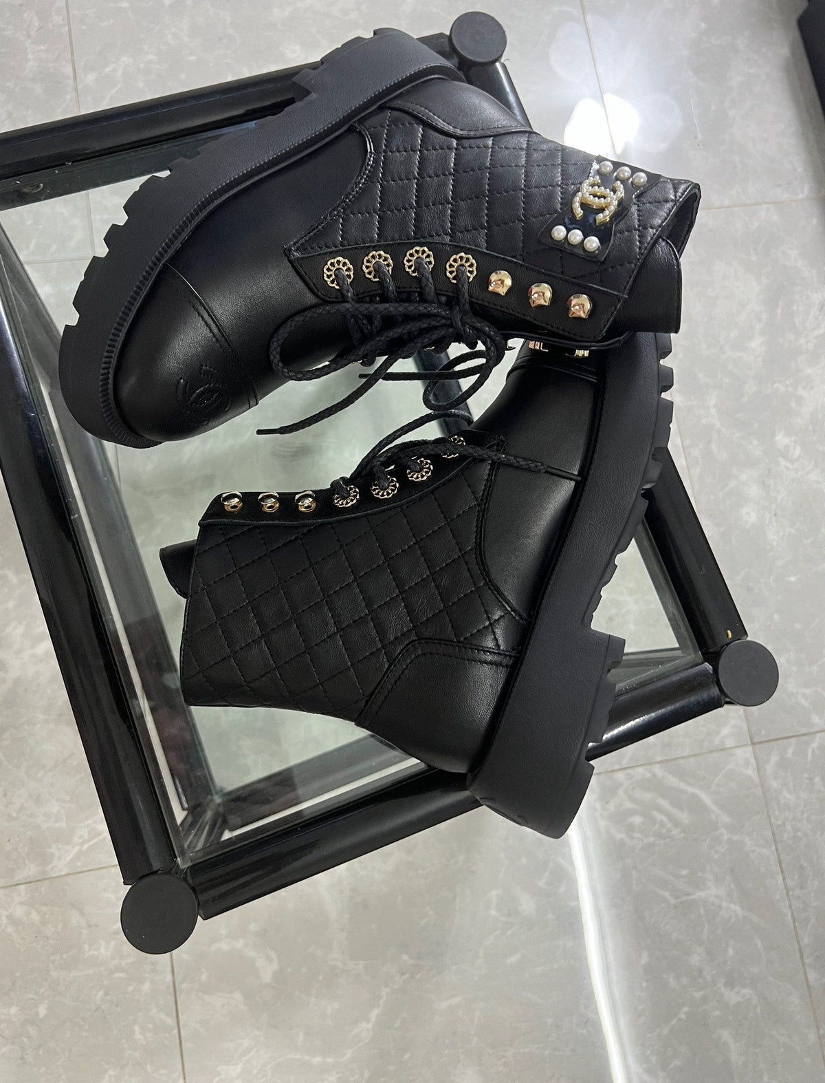 CC Combat Boots Black Quilted Lambskin 944572