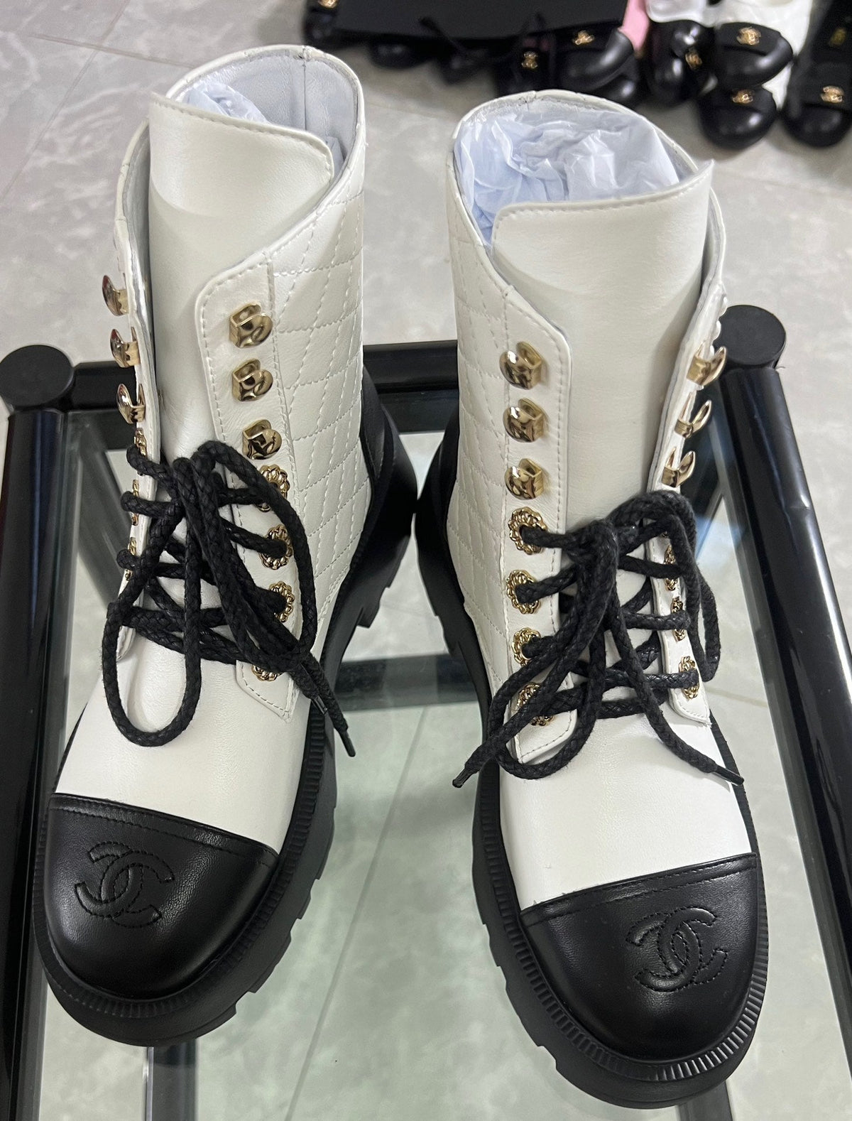 CC Combat Boots White Black Quilted Lambskin 944574