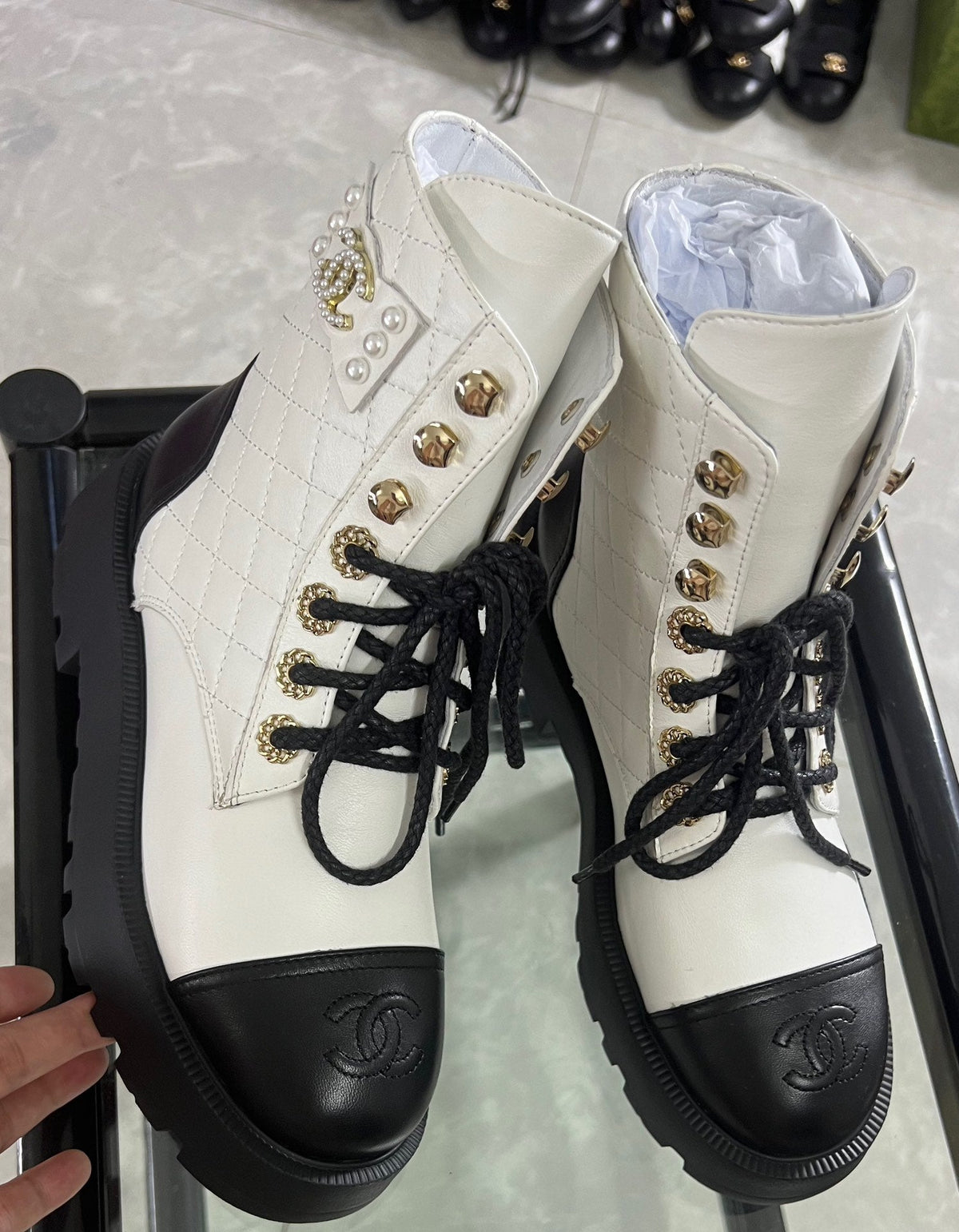 CC Combat Boots White Black Quilted Lambskin 944574