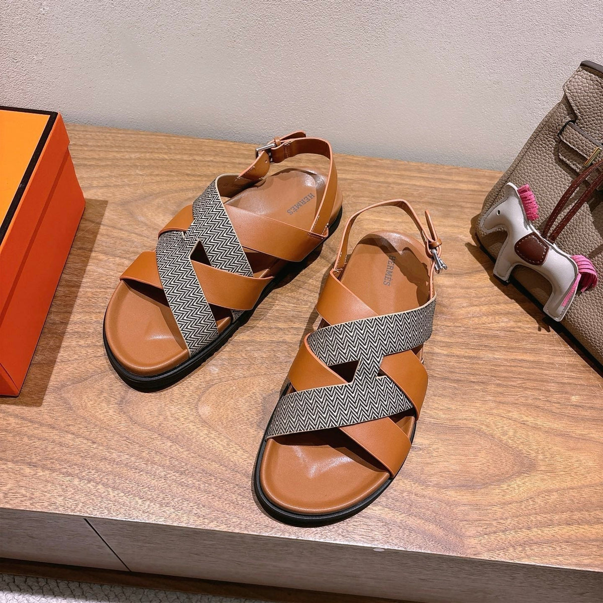 HM 25 Heracles Sandal Brown Calfskin Dark Grey Canvas