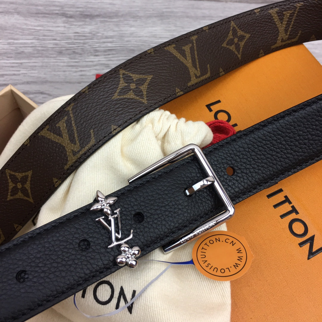 LV BLOOM 30MM BELT BLACK CALFSKIN SILVER HARDWARE
