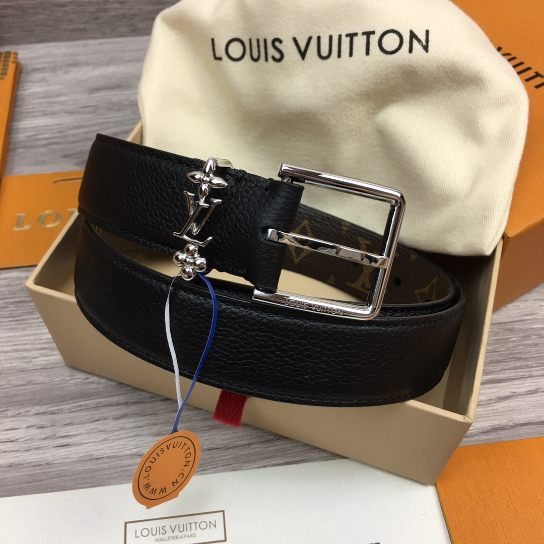 LV BLOOM 30MM BELT BLACK CALFSKIN SILVER HARDWARE
