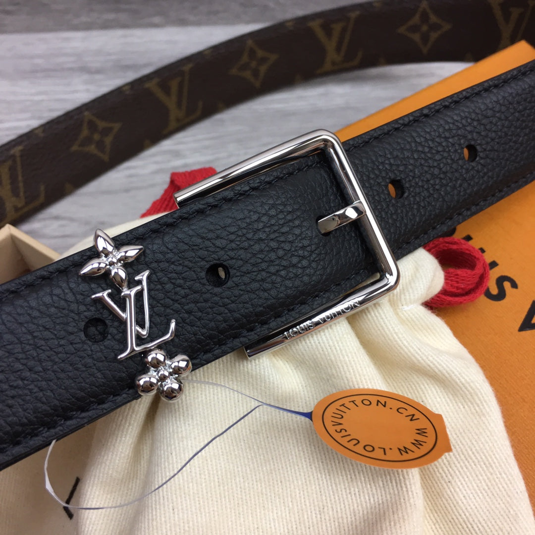 LV BLOOM 30MM BELT BLACK CALFSKIN SILVER HARDWARE