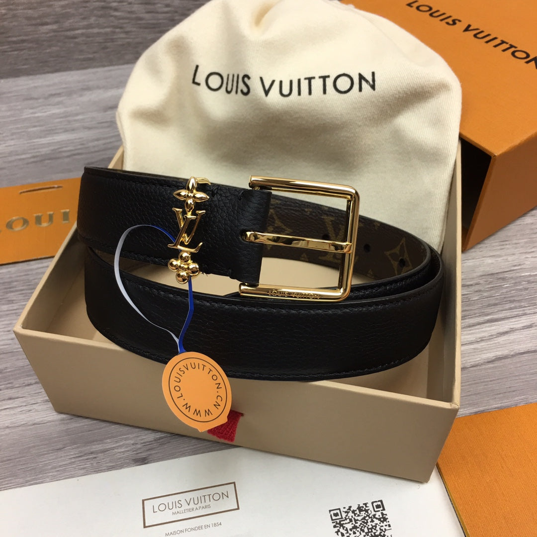 LV BLOOM 30MM BELT BLACK CALFSKIN GOLD HARDWARE