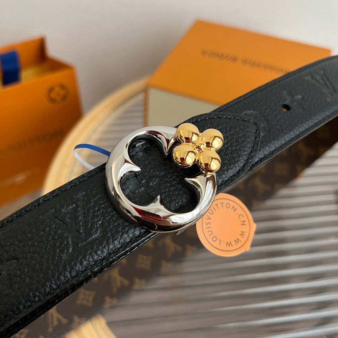 LV Flowergram Round 30mm Reversible Belt Black Brown Empreinte Calfskin