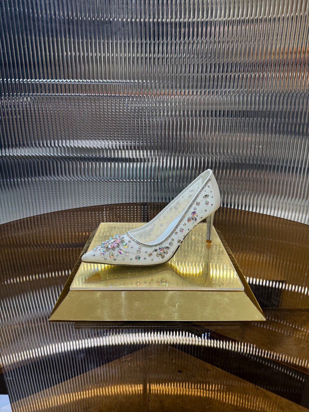 RC 25C Crystal Pearl Gem Lace High Heels White Sheepskin 275753