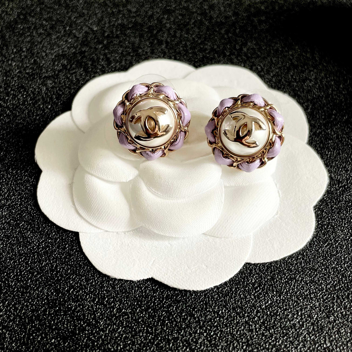 CC Pendant Double C Purple Pearl Gold Earrings