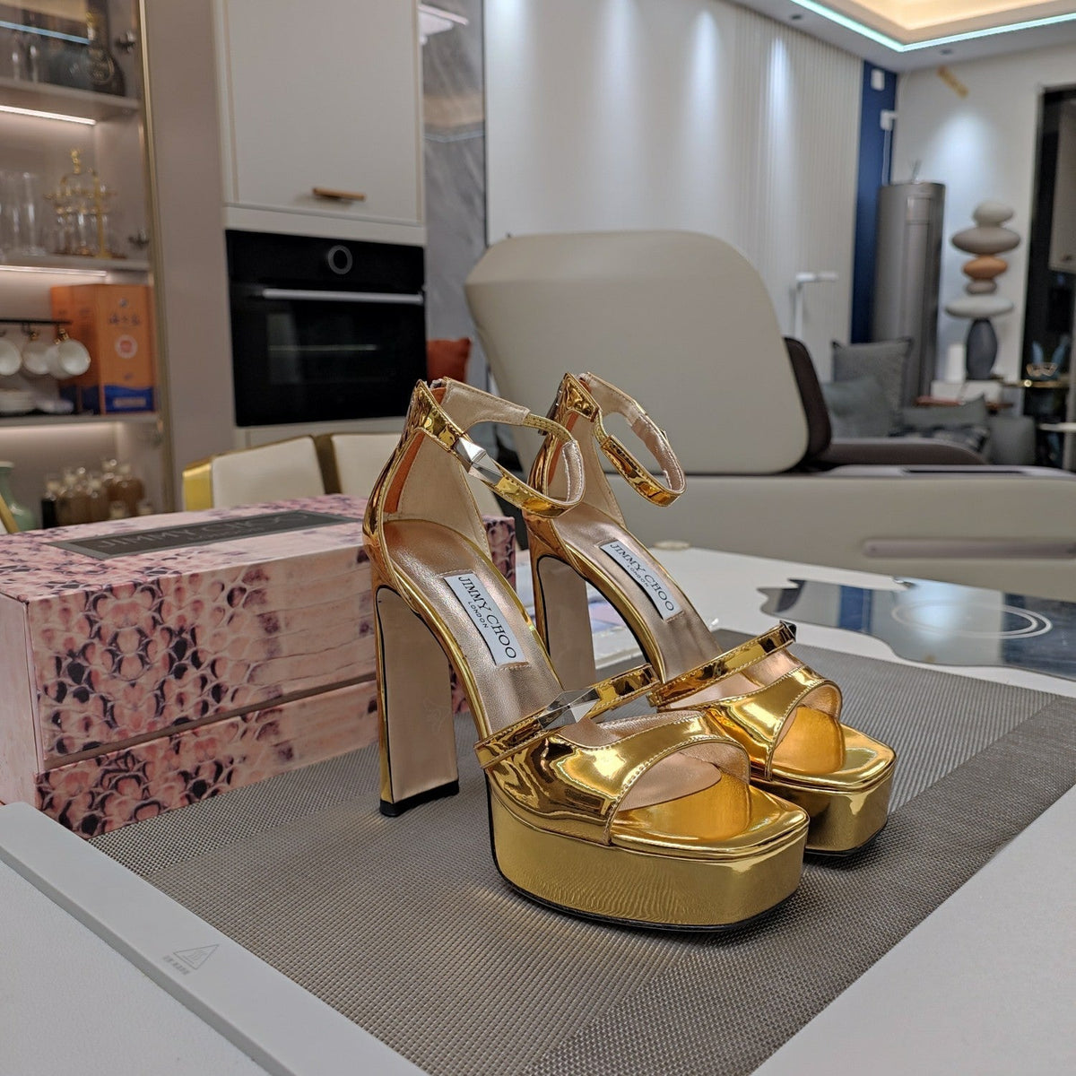 Jimmy 25 Platform Sandal Heels Gold Mirror TPU Material 240010