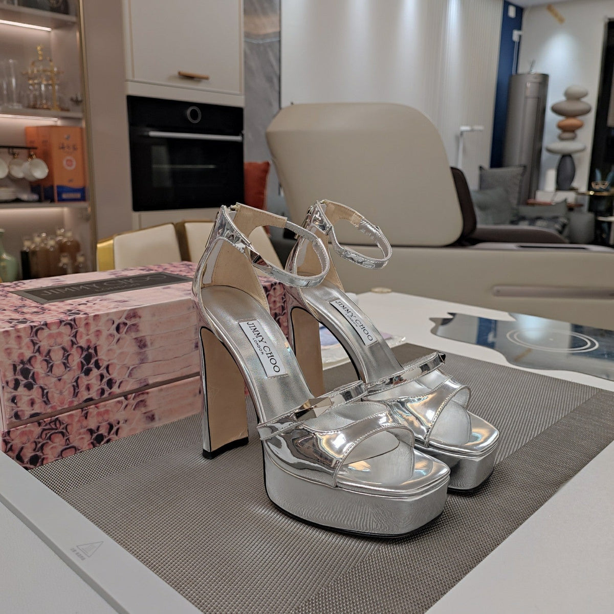 Jimmy 25 Platform Sandal Heels Silver Mirror TPU Material 240008