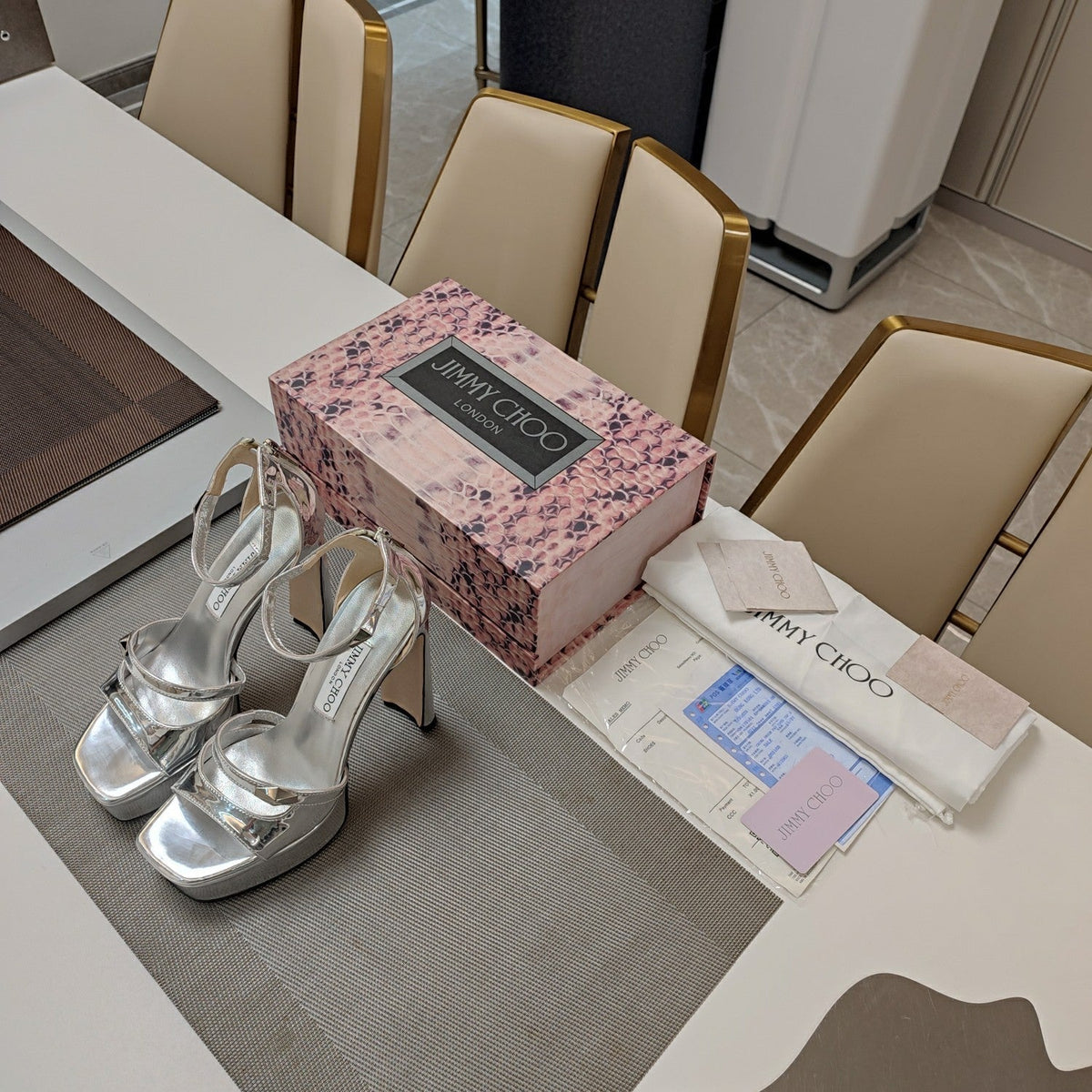 Jimmy 25 Platform Sandal Heels Silver Mirror TPU Material 240008