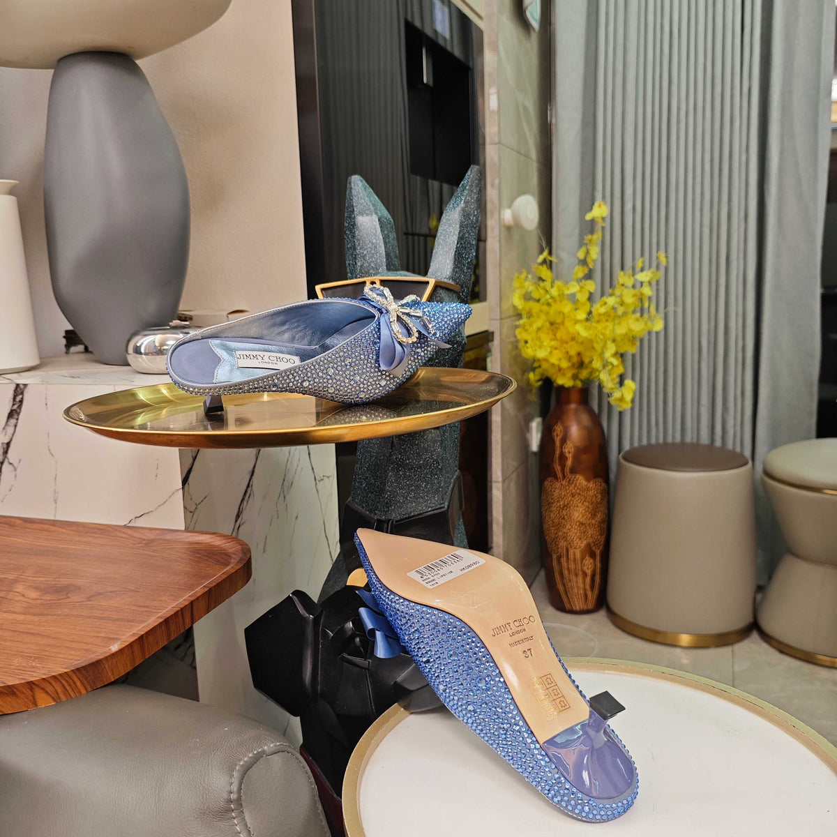 Jimmy 26s Crystal Slipper 45 Blue Silk Satin Cowhide 596342