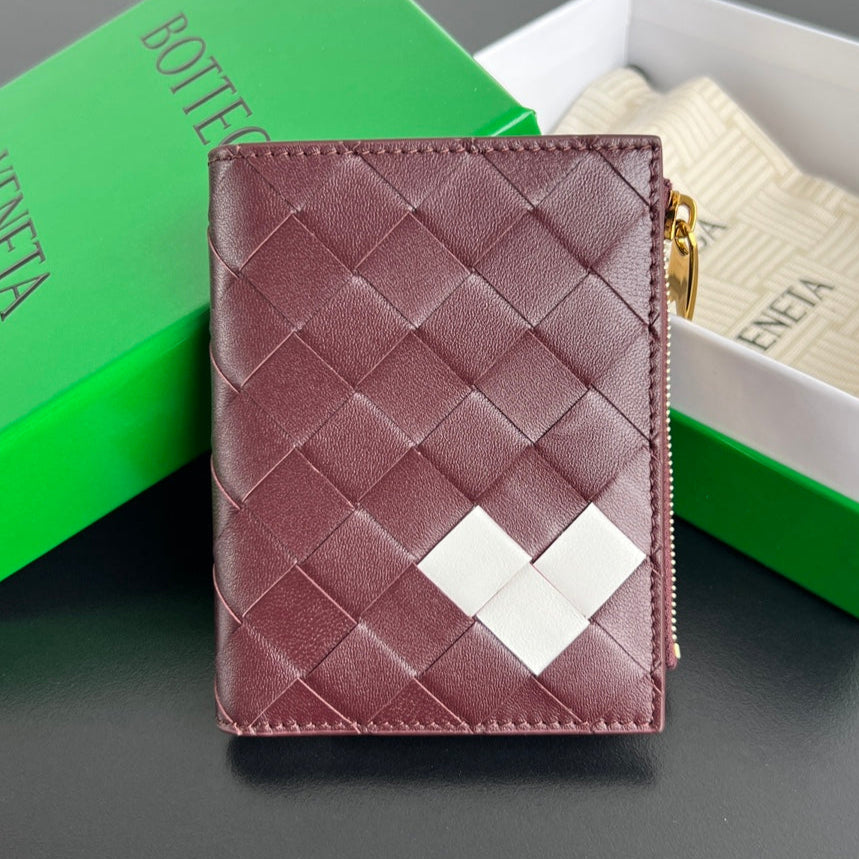 INTRECCIATO 11.5cm WALLET IN BURGUNDY WHITE  CALFSKIN 545184