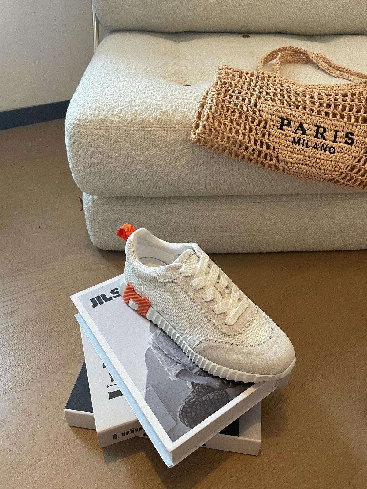 HM Bouncing 35 Sneakers White Canvas & Suede Goatskin H Black Orange