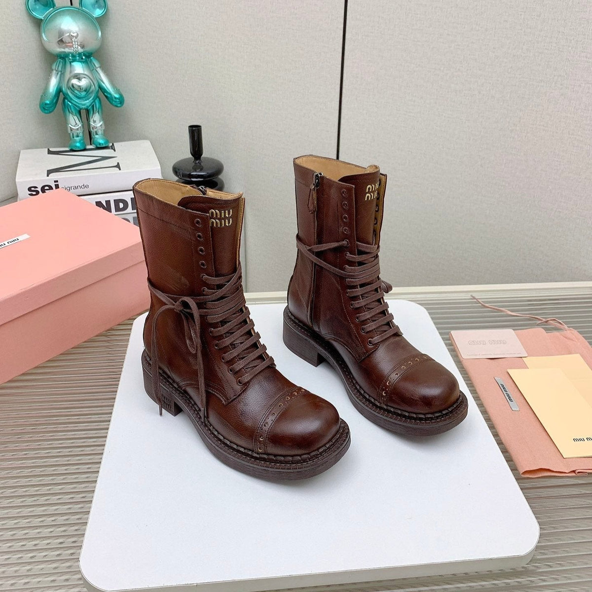 Miu Leather Laced Booties Chestnut Brown Cowhide
