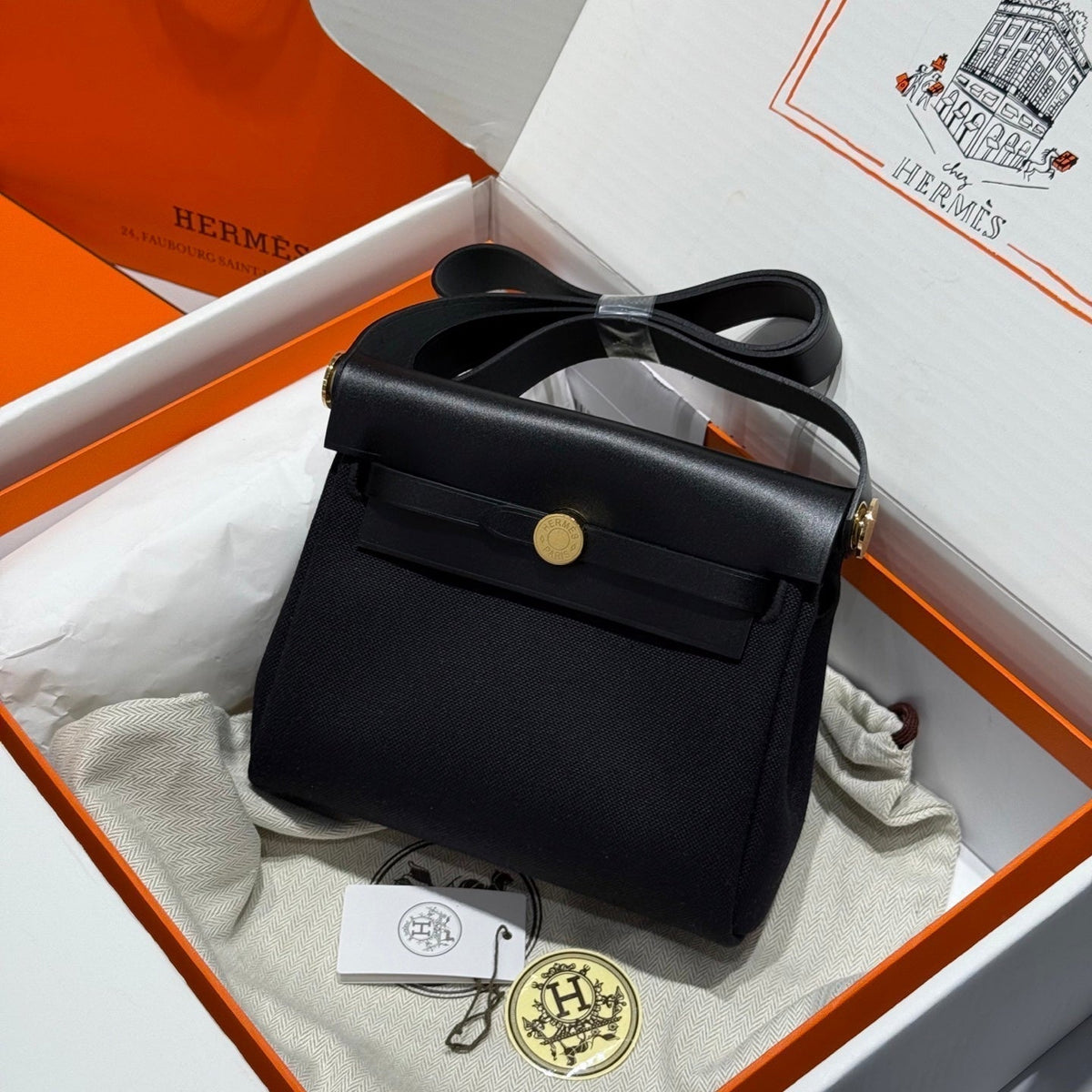 HM Mini Herbag Gold Buckle 20 Black Canvas and Hunter Cowhide 243310