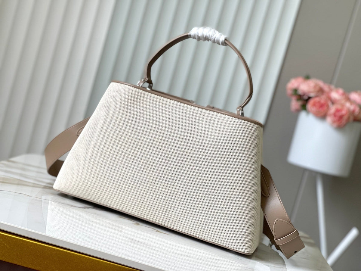 CAPUCINES GM 38CM BEIGE CANVAS BROWN CALFSKIN