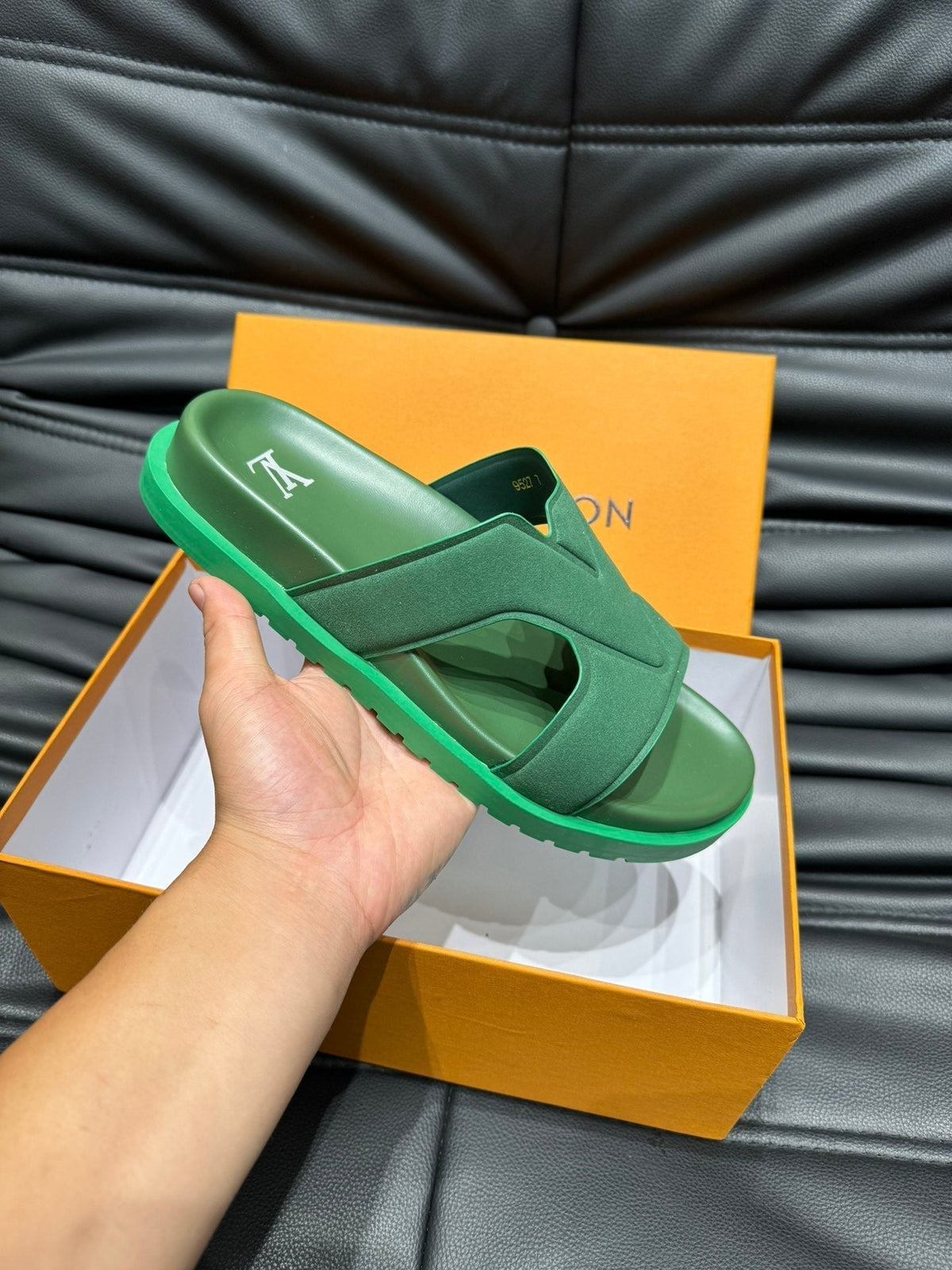 LV OASIS MULE IN DARK GREEN SUEDE CALFSKIN