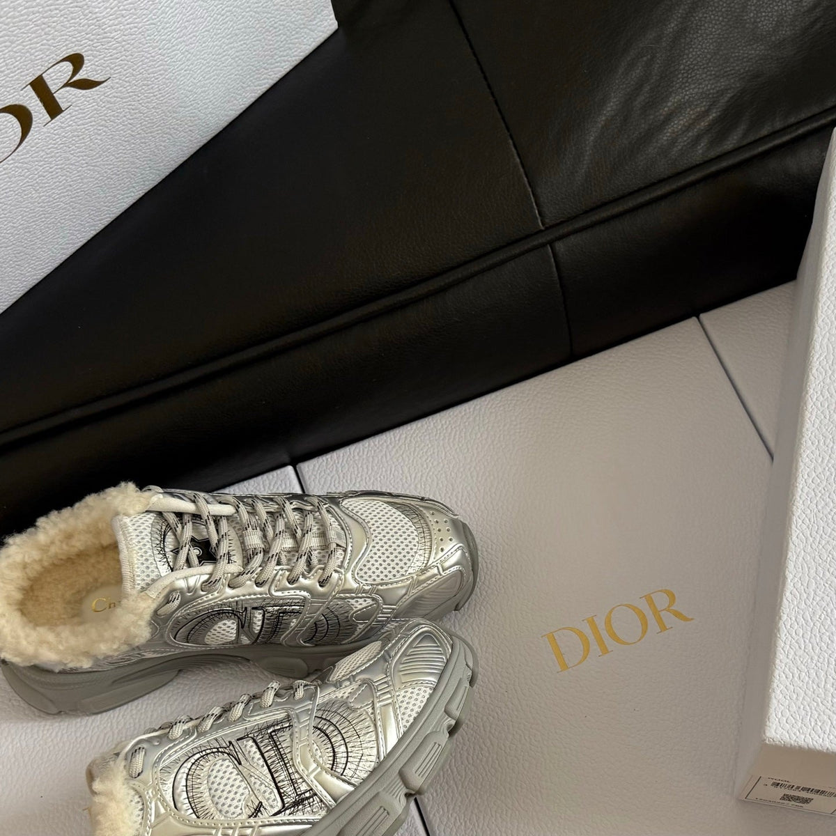 Dior 25 Chrono Sneakers Silver Cream Mesh Calfskin 531392